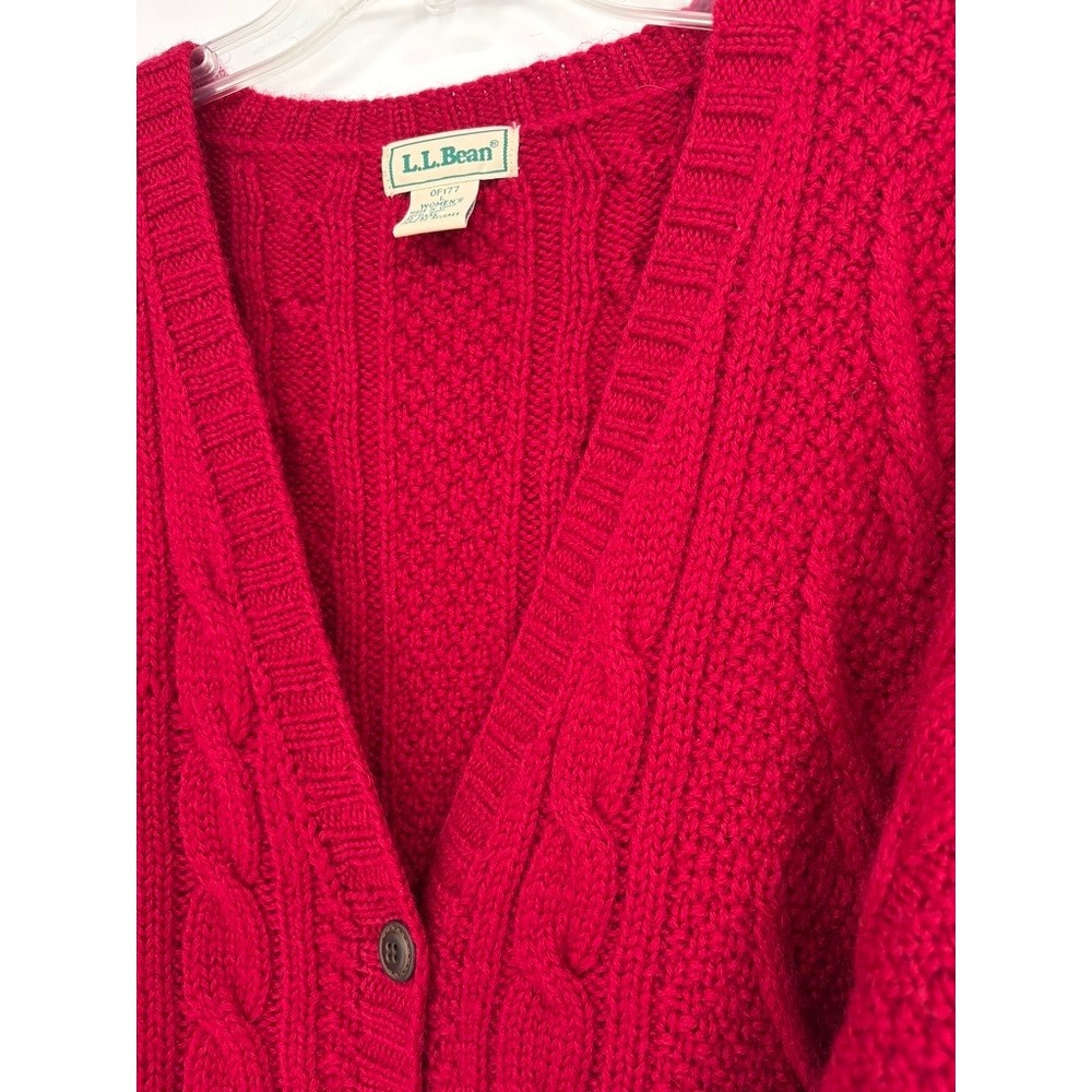 LL Bean Cardigan Women L Red Wool Cable Knit Button Front V-Neck Front Pockets - Picture 2 of 8